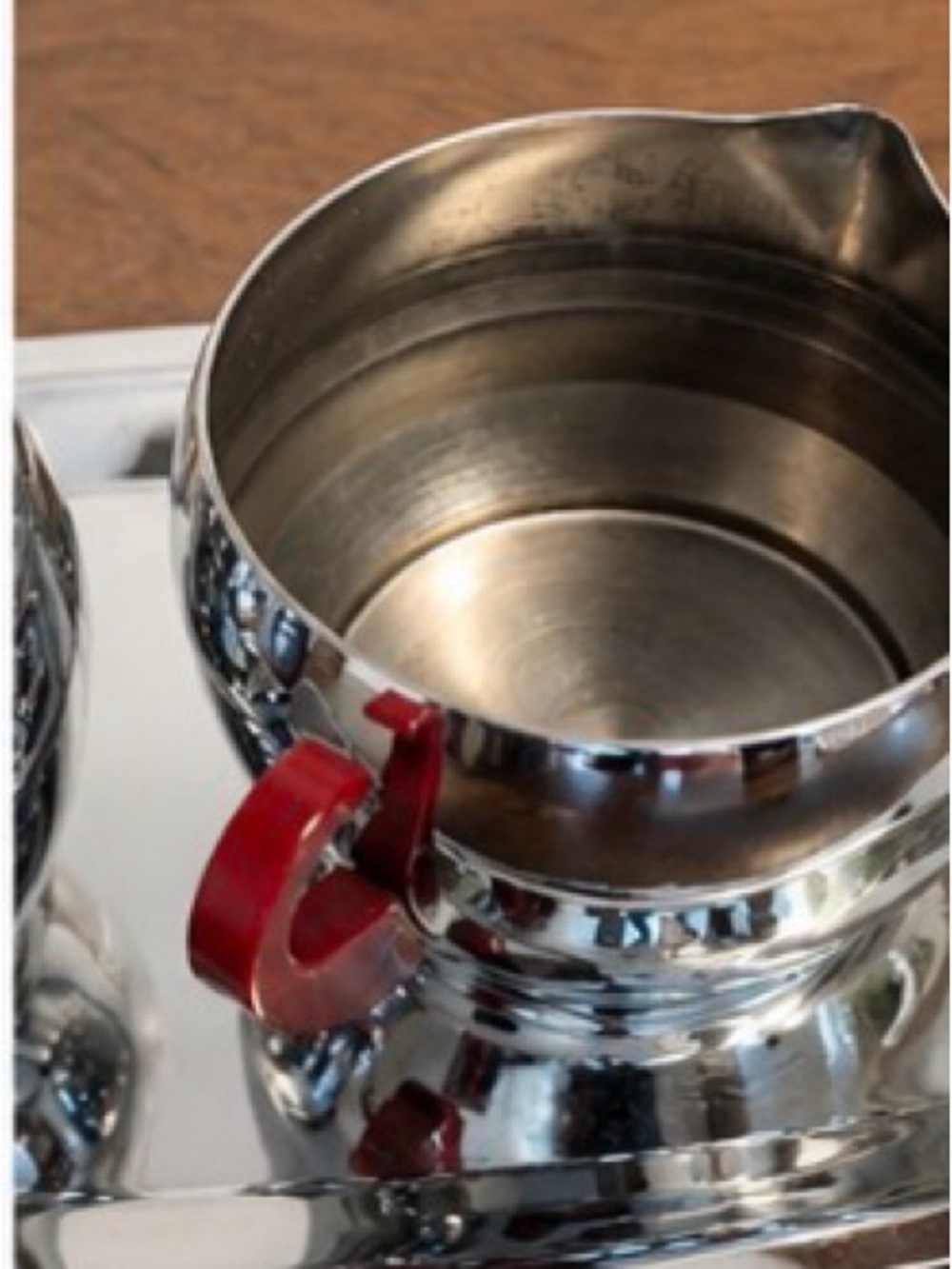Vintage Mid-Century Chrome Cream & Sugar Set with Tray | Red Lucite Handles - Picture 5 of 6
